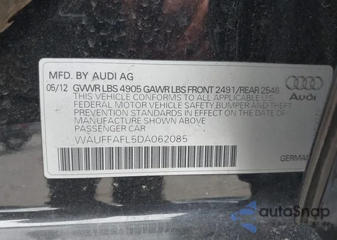 2013 Audi A4 2.0T Premium z USA, uszkodzony, nr VIN WAUFFAFL5DA062085